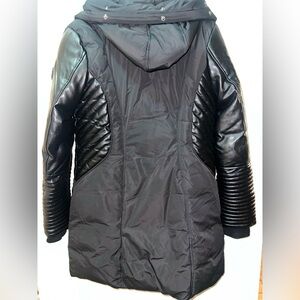 Noize Black Quilted Puffer Jacket.detachable fur hood. Faux leather accent.